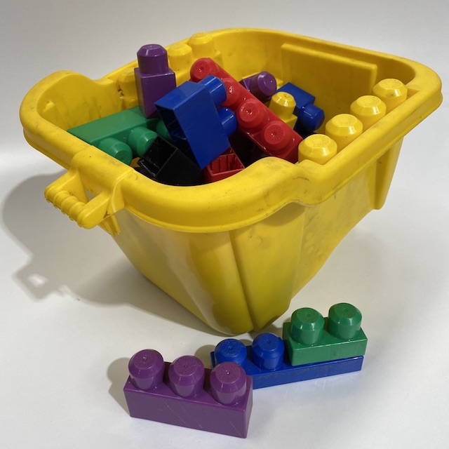 BLOCKS, Large Plastic Duplo Style in Yellow Tub